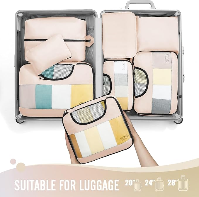 8 Set Packing Cubes for Luggage,Suitcase Organizer in 4 Sizes with Hanging Toiletry Bag and Large Laundry Bag, Carry-On Luggage with Accessories Bag, Cream