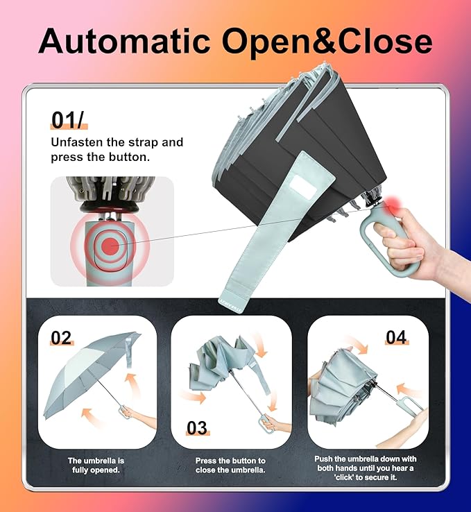 QWB TUMAAOTU Inverted Umbrella with Carabiner Handle, Compact Wind Proof Umbrellas For Rain and Sun Protection, Portable Reverse Folding Umbrella, Car Umbrella for Women Men, 10 Ribs