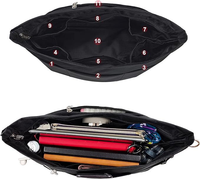 Time Wing Handbag Tote Purse Organizer Insert Bag Liner Shaper Divider Zipper 11 Pockets Compartments X Large Black