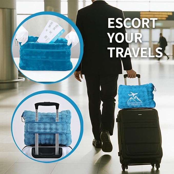 Travel Blanket and Pillow-2-in-1, Ultra-Soft&Compact, Airplane Blanket with Hand Luggage Belt and Backpack Clip,Travelers Accessories Gifts, 61x43 Inches（Green）
