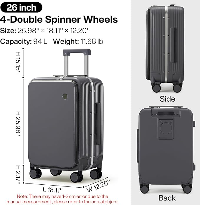 mixi Large Checked Luggage with Cup Phone Holder and Charger Hard Shell Suitcases with Spinner Wheels, 26 Inch Rock Gray