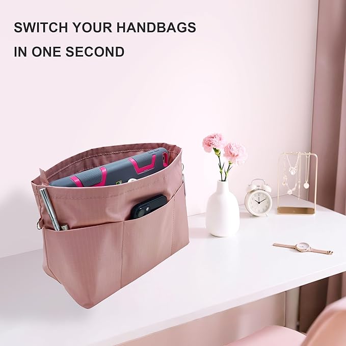 Time Wing Handbag Tote Purse Organizer Insert Bag Liner Shaper Pocketbook Divider Zipper 11 Pockets Compartments Small Pink