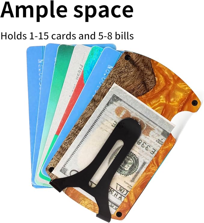 Carbon Fiber Minimalist Wallet for Men Credit Card Holder Money Clip & Cash Strap Slim RFID Mens Wallets,Resin Natural Walnut Wood,Unique Pattern,Orange