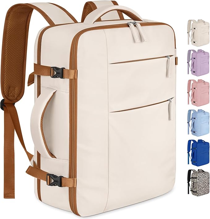 Capolo Travel Backpack for Women Men Waterproof Laptop Backpack Airlines Approved Personal Item Backpack Bag Computer Bookbag for Business, Work, Traveling Fits 15.6 Inch Laptop(Beige &Brown Zipper)