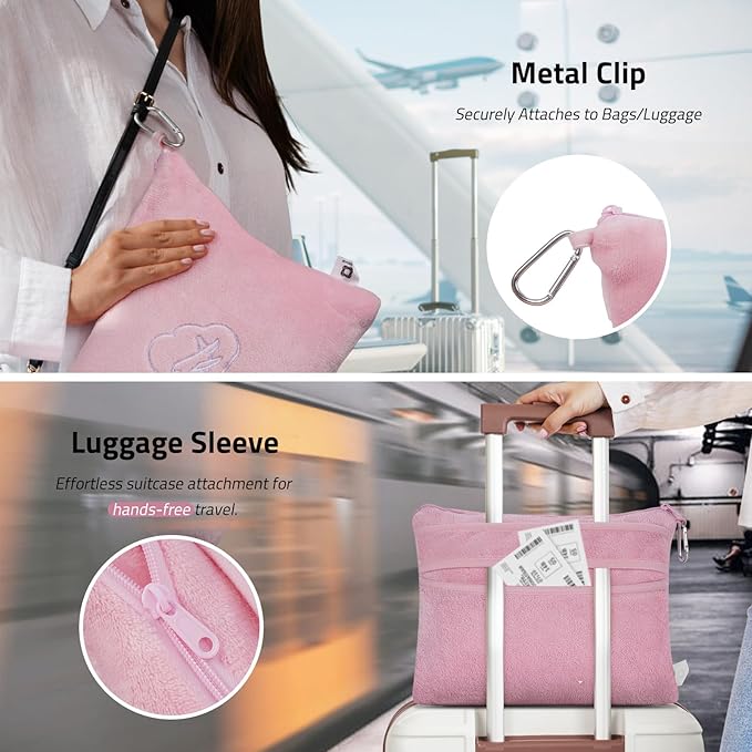 Travel Blanket, Airplane Blanket, Ultra-Soft, Warm & Lightweight, 65x40 in, Outdoor Blanket Essentials for Women, Men & Kids, Included Eye Mask, Luggage Sleeve & Backpack Clip Pink