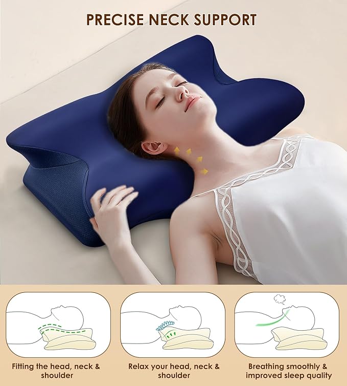 Memory Foam Cervical Pillow for Neck and Shoulder, Ergonomic Contour Cervical Neck Pillow for Sleeping, Cooling Neck Support Pillows for Side Back Stomach Sleeper Dark Blue
