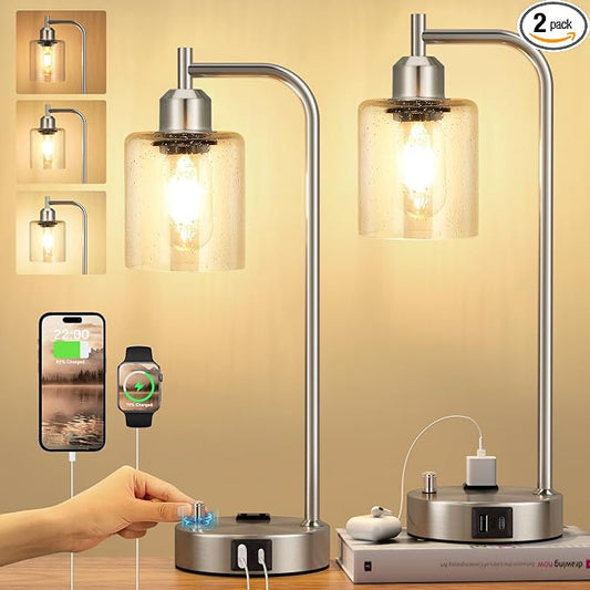 Industrial Table Lamps for Bedrooms Set of 2 - Fully Dimmable Bedside Lamps with USB A and C Ports and Outlet, Nickel Nightstand Lamps with Glass Shade for Living Room, Desk Lamps for Office Reading