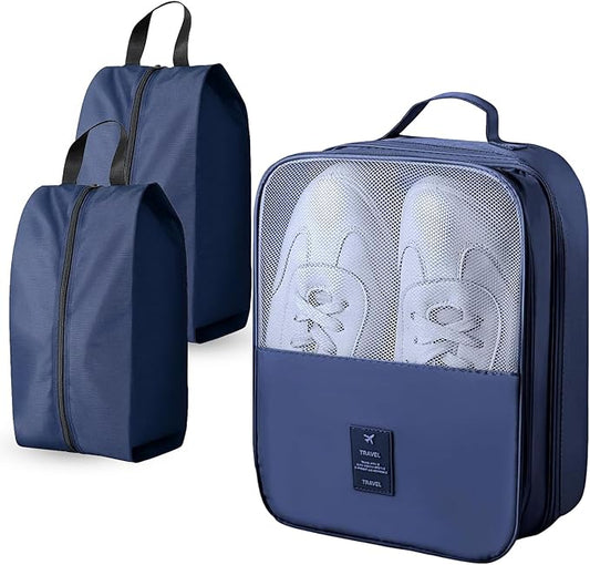 Shoe Bags for Travel Holds 3 Pair of Shoes, Travel Shoe Bag with 3 Layers Compartments, Waterproof & Washable, Navy