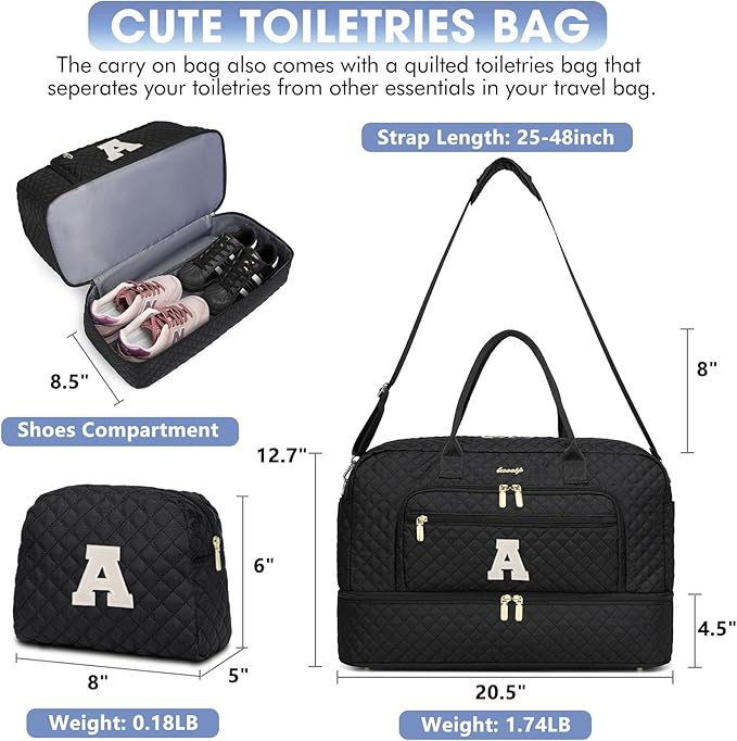 Initial Travel Duffle Bag for Women - Black Personalized Weekender bags Overnight Bag with Shoe Compartment & Wet Pocket Weekend Tote Bags with Toiletry Bag Monogram Christmas Gifts (Letter A)
