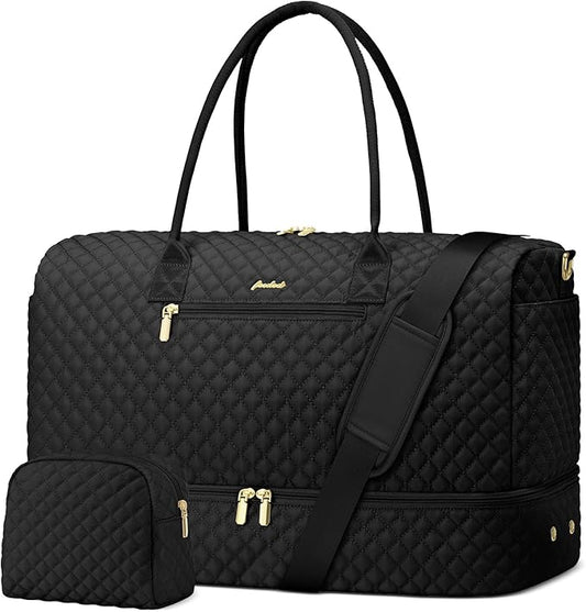Travel Weekender Bags for Women - Duffle Bag Women with Shoe Compartment Carry On Overnight Bag with Toiletry Bag Duffel Bags with Wet Pocket for Gym Hospital Bags Black for College