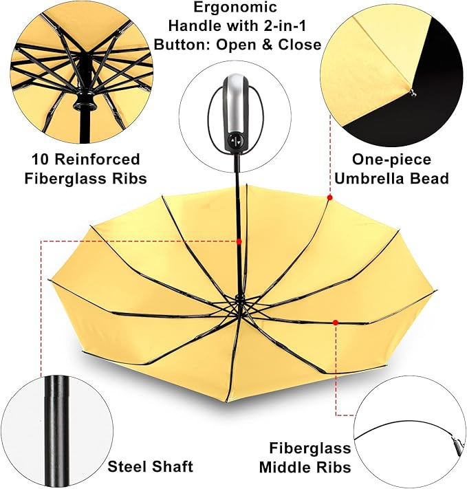 TradMall Travel Umbrella Windproof with 46 Inches Large Canopy 10 Reinforced Fiberglass Ribs Ergonomic Handle Auto Open & Close, Yellow