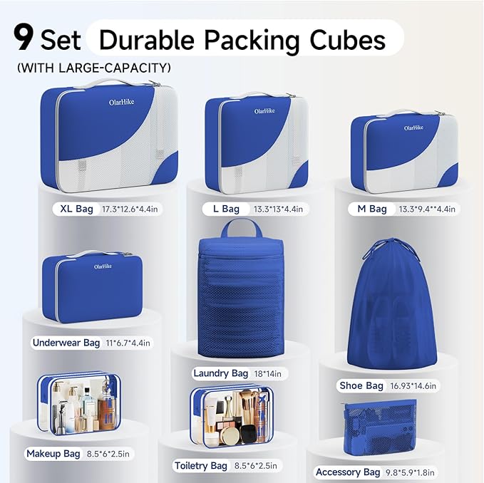11 Set / 9 Set Packing Cubes for Travel,Gifts for Women Mom Kids,TSA Approved Bags for Makeup, Cosmetic, Toiletry, Organizers for Suitcase Carry On,Cruise Essentials Airplane Accessories,Klein Blue