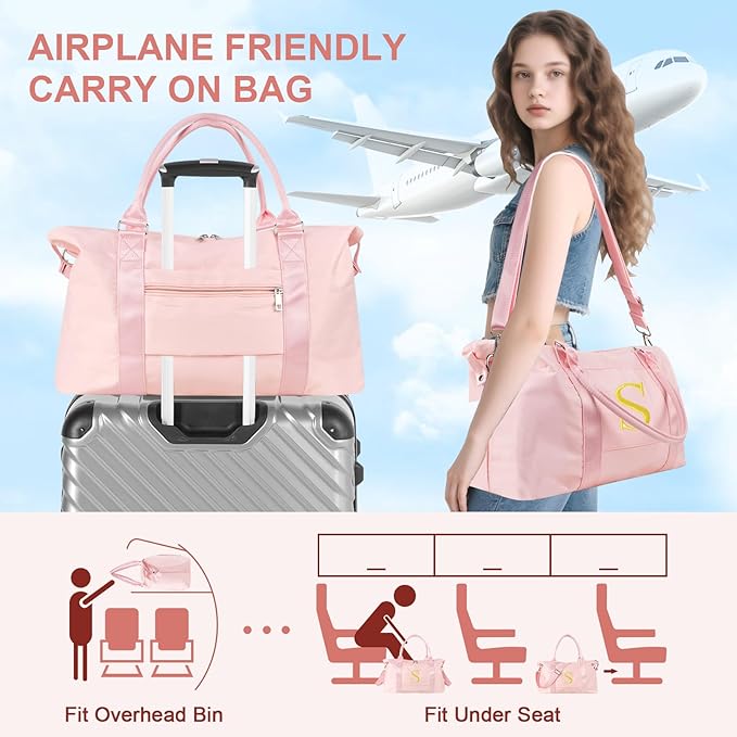 Personalized Initial Gym Dance Bag, Travel Duffel Bag for Teen Girls, Carry On Bag Overnight Weekender Bag with Trolley Sleeve, Birthday Gifts for Women Mom Daughter Graduation Gift(Letter S, Pink)