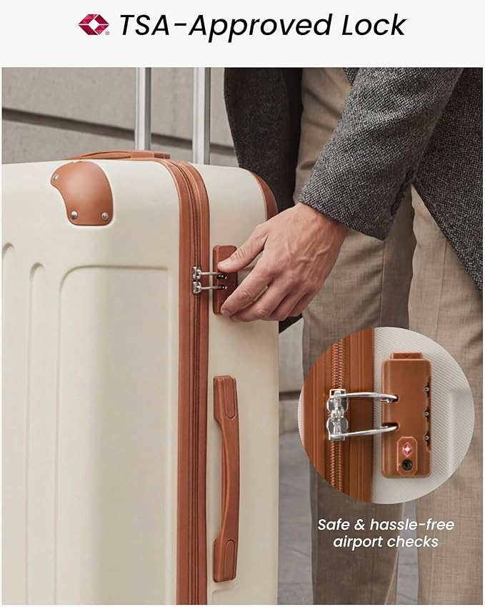 28 Inch Luggage with Spinner Wheels, Hardside Suitcase with Wheels, TSA Approved, White Brown
