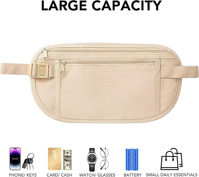 Money Belt for Travel with Anti-Theft RFID Blocking Cards Cover, Phone Wrist Strap, Passport Holder, Slim Waist Wallet Men Women, Money Pouch under Clothes for Travel, Running, Hiking, Beige