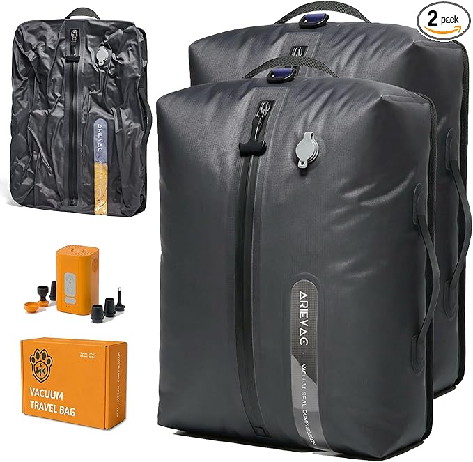 Vacuum Seal Bags for Travel w/Rechargeable Pump, 18L Compression Packing Cubes for Carry-On Suitcase & Travel Backpack, Reusable IP67 Waterproof Vacuum Storage Kit, Gift Set (2-Pack)