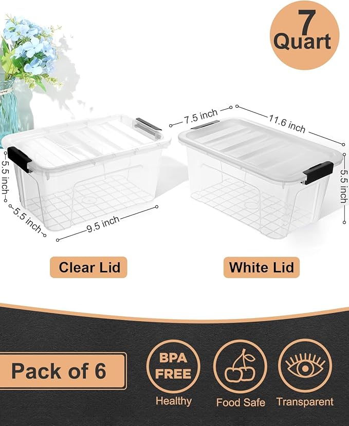 NUMIFUN Plastic Storage Bins with Lids 6 Pack, 7 Quart Storage Containers with Black Buckle Latch, Stackable Storage Containers for Home Pantry Office Classroom Organization, White