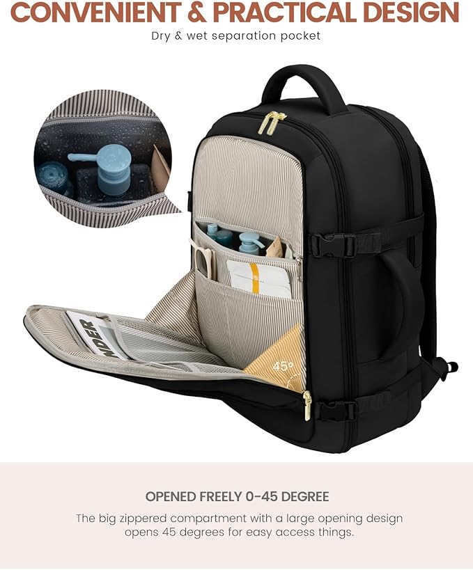 LOVEVOOK Travel Backpack for Women, 50L Carry On Backpack Flight Approved with Garment Bag, TSA Personal Item Travel Bag Fit 17 Inch Laptop, Business Weekender Waterproof Daypack With 2 Cubes, Black