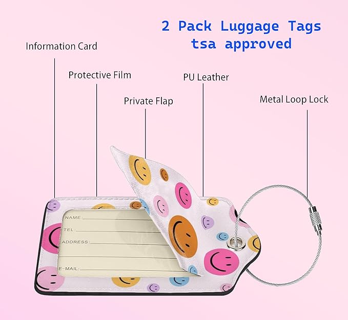 2P Pink Smiley Luggage Tags Privacy Cover ID Label with Stainless Steel Loop and Address Card for Travel Bag Suitcase Funny Cute Man Women Kids