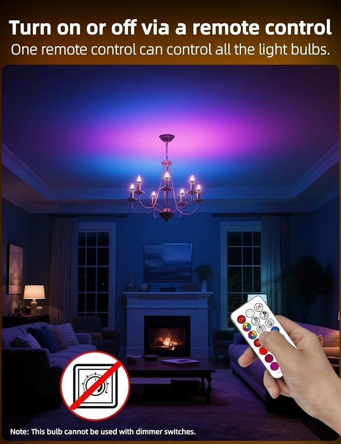 E12 Candelabra Light Bulbs, 120V Color Changing Bulb with Remote, Plug-in Only, E12 Base, 12 RGB+2700K Warm White, 40W Equiv (5W), 450LM, Timer, 2 Modes, for Chandelier/Ceiling Fan, 4 Pack