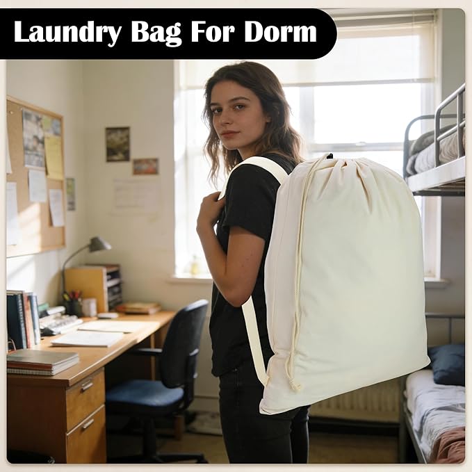 Canvas Laundry Bag with shoulder Strap 24"W x 29"H, Large Drawstring Dirty Clothes Bag Washable Laundry Sack for College Dorm, Travel, Home, Camp (Beige)