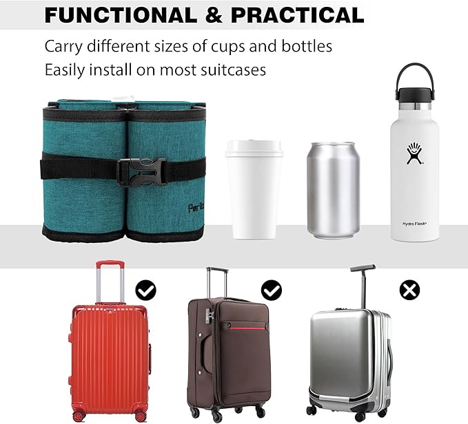 Luggage Travel Cup Holder Attachment. Hands-Free Drink Carrier for Coffee Mugs & Tumblers, Fits Suitcase & Roll-On Handles. Must-Pack Travel Accessory, Gift for Flight Attendants & Travelers