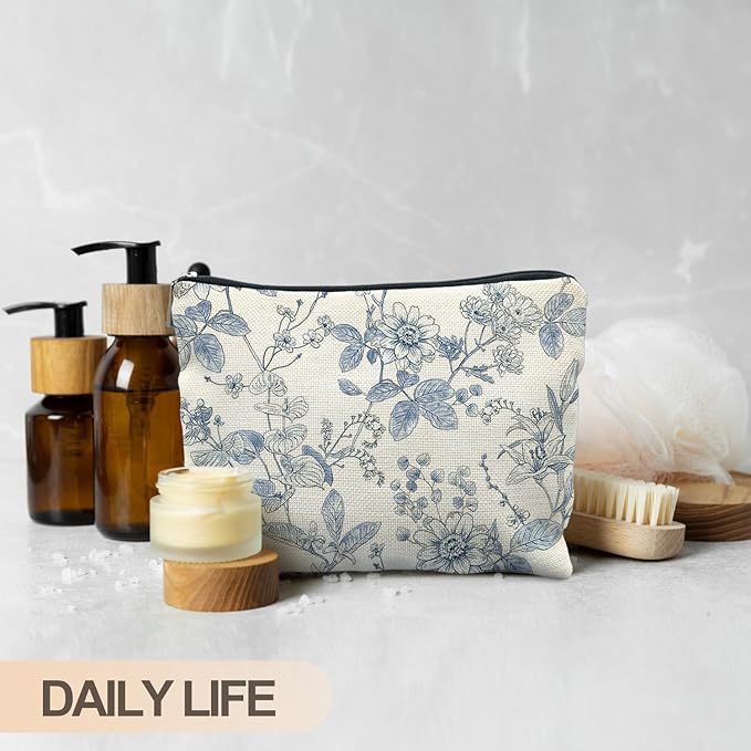 Vintage Blue Floral Makeup Bag, Chinoiserie Blue and White Floral Cosmetic Bags for Women, Retro Flower Botanical Zipper Makeup Pouch