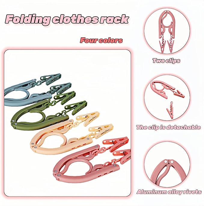 Foldable Hangers 4 Pack - Travel Hangers Collapsible Space Saving, Non-Slip Clothes Hangers with Removable Clips for Suitcase, Camping, Business Trips & Home Closet Organization Four Colors