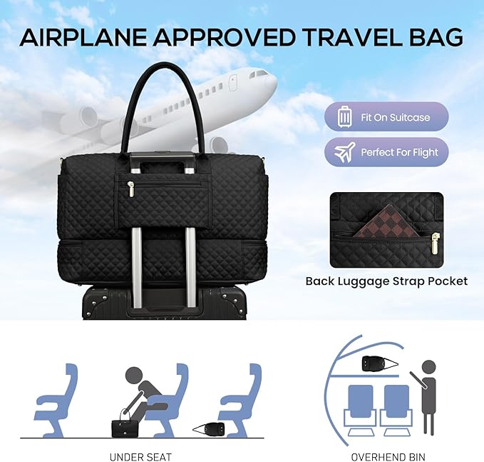 Travel Weekender Duffle Bags for Women - Large Carry On Bag with Shoe Compartment Overnight Bag with Toiletry Bag Duffel Bags with Wet Pocket for Gym Hospital Bags for Labor and Delivery Black