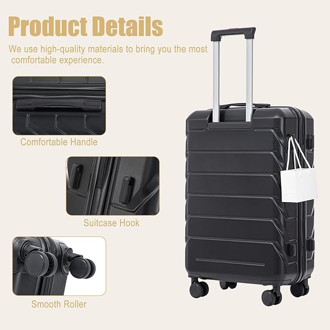 28 Inch Checked-Large Luggage, Lightweight ABS Hard Shell Suitcase with Spinner Wheels, Expandable Travel Luggage with Combination Lock & Side Hooks for Men Women (Black, 28)