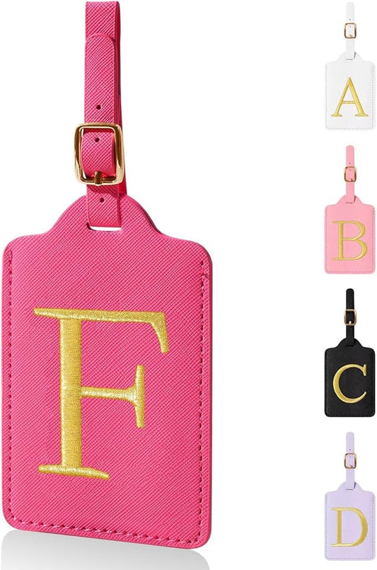 Personalized Initial Luggage Tags for Suitcases,Leather Letter Cute Luggage Tags with Privacy Name Card,Embroidered Monogrammed Travel Bag Backpack Tag Gifts for Women Kids Girls Teens(Rosered-F)