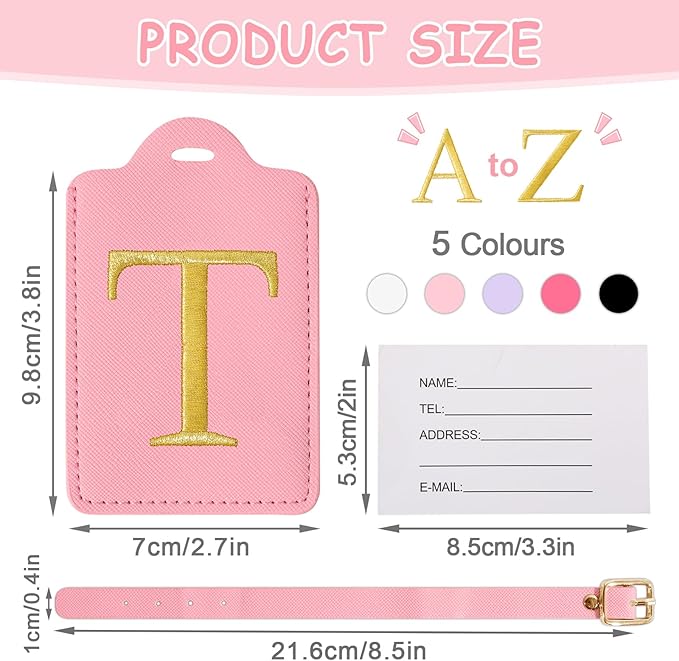 Initial Letter Luggage Tag for Suitcase, Cute Luggage Bag, Waterproof PU Leather Travel Luggage Tag, Suitcase Identifier Name Tag, Monogrammed Suitcases Tags, Bag Tags for Handbags(Pink T)
