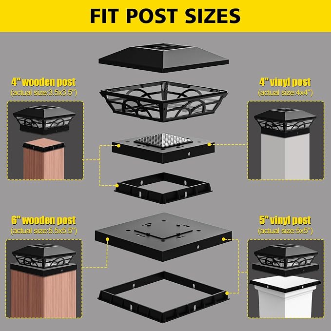 T-SUN 4X4 Post Solar Lights, Color Changing Solar Post Lights, Black 6 Pack | IP65 Waterproof,Fence Post Lights for 3.5x3.5 4x4 5x5 5.5x5.5 Wood/Vinyl Posts, Solar Deck Post Lights for Patio,Garden,Porch