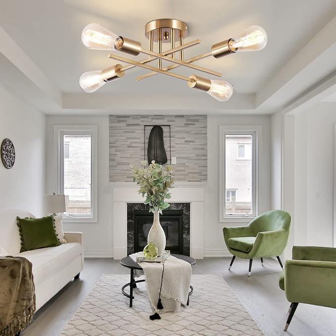 Sputnik Chandeliers, Modern Semi Flush Mount Ceiling Light with E26 Base, Mid Century Industrial Kitchen Farmhouse Light Fixtures for Bedroom Living Room (Brass, Ceiling 4 Lights)