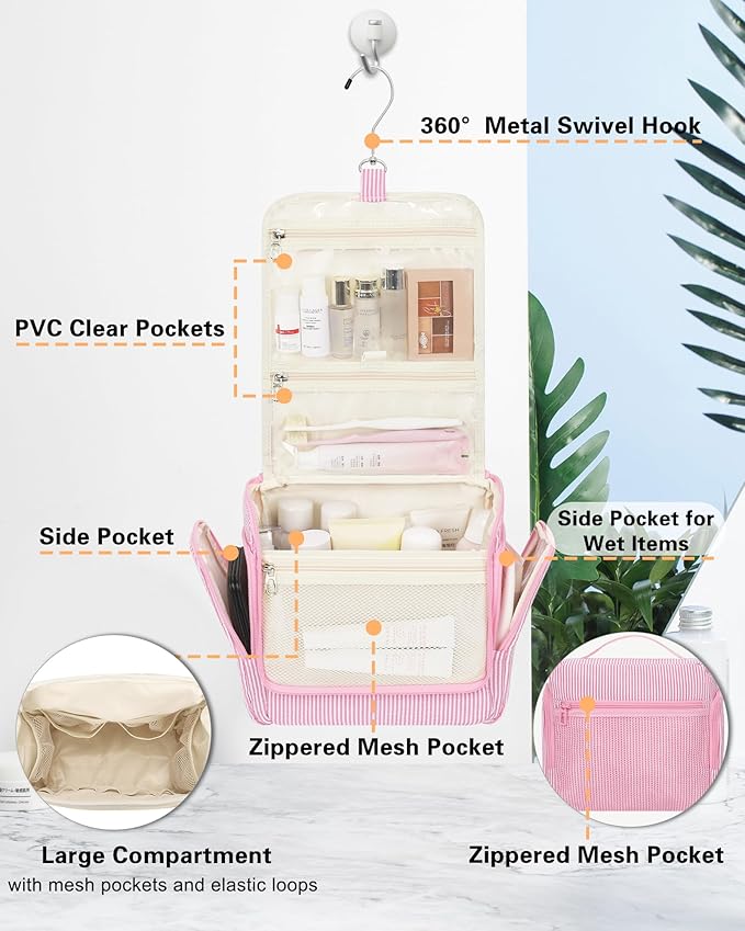 Relavel Hanging Toiletry Bag for Women, Travel Makeup Bag Cosmetic Organizer Toiletries Shower Bag for Travel Essentials, Accessories, Cute Gifts for Girls, Pink