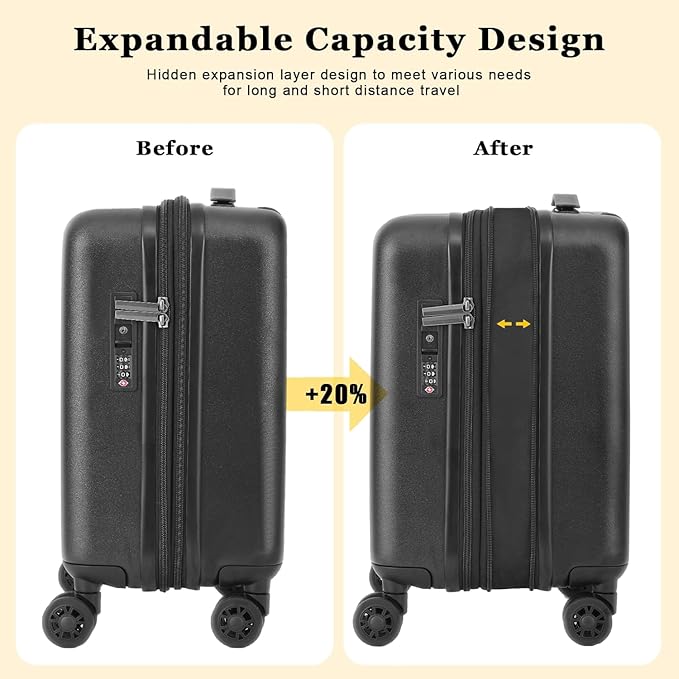 16 Inch Underseat Carry On Luggage Airline Approved, Expandable Lightweight ABS+PC Hard Shell Suitcases with 360° Spinner Wheels, TSA Lock, YKK Zipper, for Business Weekender (Black, 1 PC)