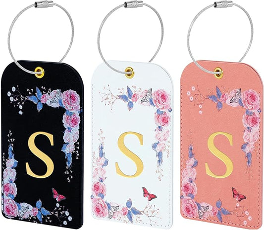 3 Pack Luxury Floral Luggage Tags, Durable PU Leather Suitcase Tags with Stainless Steel Cable Strap, Hidden ID Slot for Privacy Protection, Easy to Identify Waterproof Travel Accessories Gift (S)