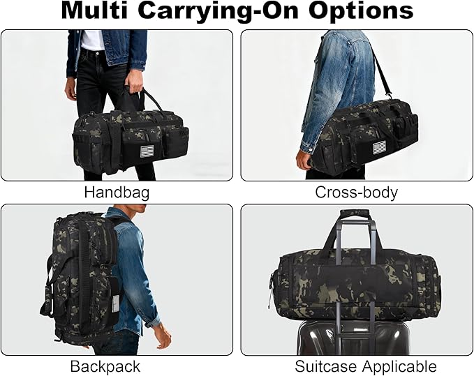 LHI 50L Tactical Duffle Bag for Men, 3-in-1 Gym Duffle and Backpack, Shoe Compartment, Laptop Sleeve and MOLLE, Carry-On Travel Weekender and Overnight Bag – Black CP Camo