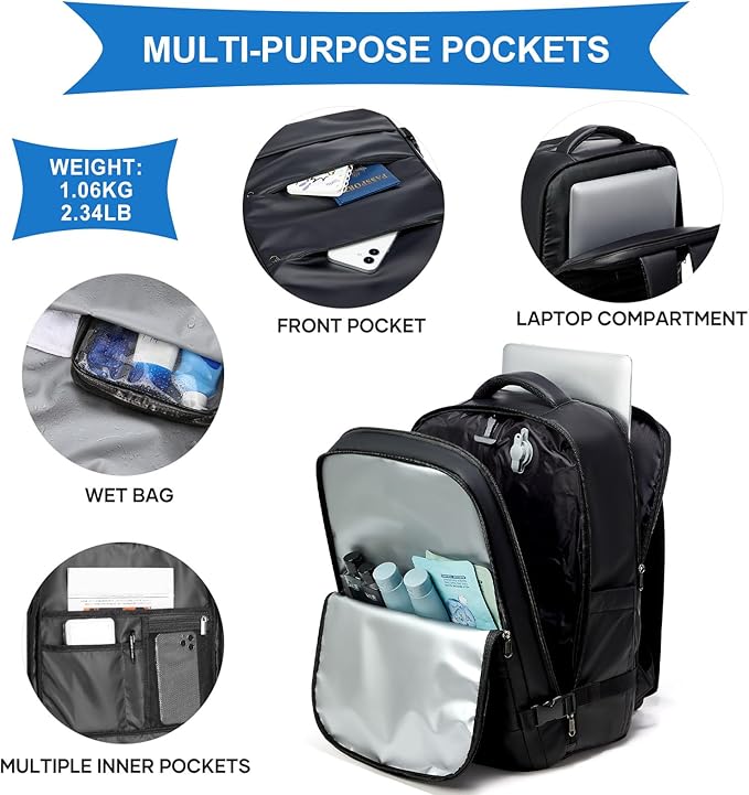 coowoz Vacuum Backpack Travel with Pump,Travel Backpack with Vacuum System For Women Men,Carry On Backpack,Hiking Backpack Waterproof Outdoor Sports Rucksack Casual Daypack,TPU Coated Black