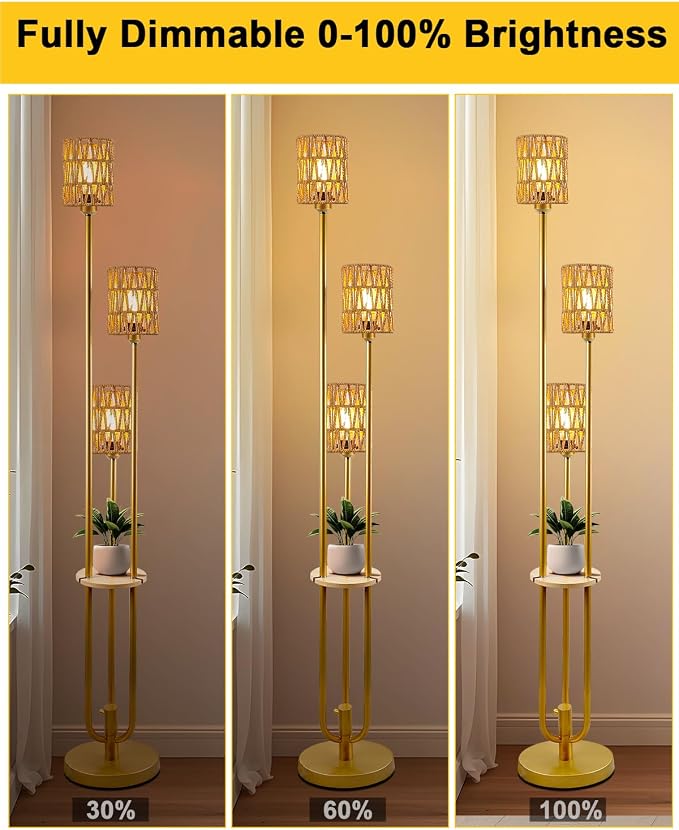 Lightdot Dimmable Boho Floor Lamps with Table 3-Lights Farmhouse Floor Lamp 3000K Warmwhite Bulbs Included Rustic Gold Standing Lamp with 5Lbs Heavy Base for Living Room/Sofa Beside/Corner Decor