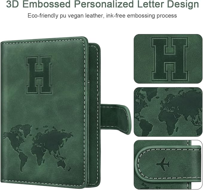 Personalized H Passport Holder Cover Initial Letter Travel Wallet RFID Blocking Passport Cover Credit Card Holder Case Passport Book Holders for Women and Men, Pine Green-H