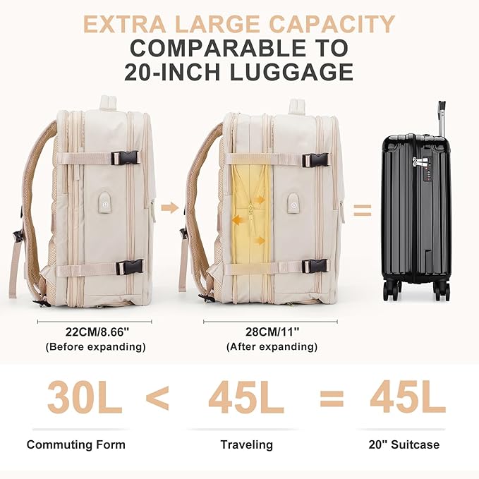 coowoz Large Travel Backpack For Women Men, Carry On Backpack,Hiking Backpack Waterproof Outdoor Sports Rucksack Casual Daypack Expandable Heavy Duty Extra large Backpack Beige Expansion