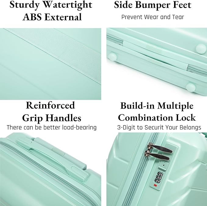 2-Piece ABS Hard Shell Lightweight Carry-On Luggage Set (14" & 20"), 360-Degree Spinner Wheels, Adjustable Telescopic Handle and Combination Lock for Travel, Mint Green