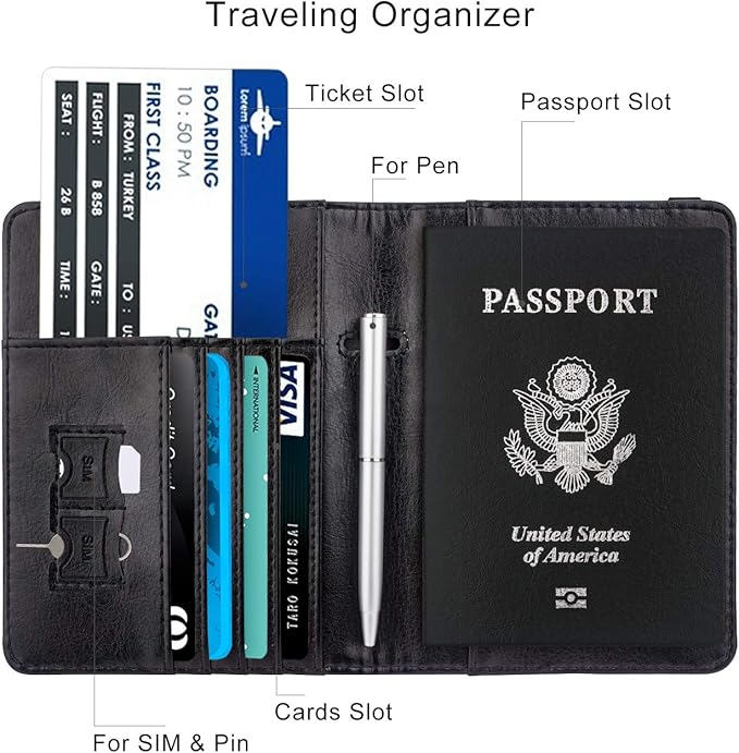 WALNEW Passport Holder for Travel, RFID Passport Cover Wallet for Women Men, PU Leather Passport Book Card Holder Case with Pen, Travelling Essentials for Flying