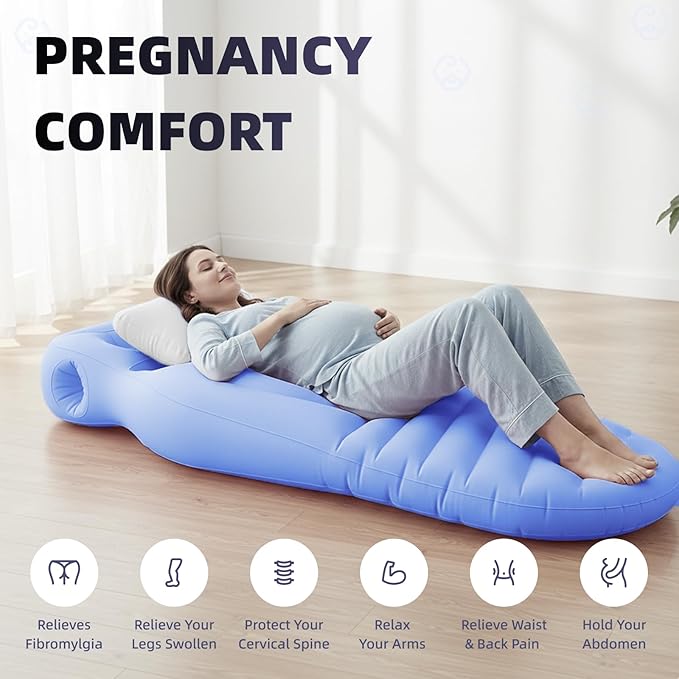 Inflatable Pregnancy Pillow, Pregnant Woman's Abdominal Hole Full Body Inflatable Bed Abdominal Mattress, Prone Pregnancy Pillow - Pregnant Woman's Swimming Pool Float (Blue)