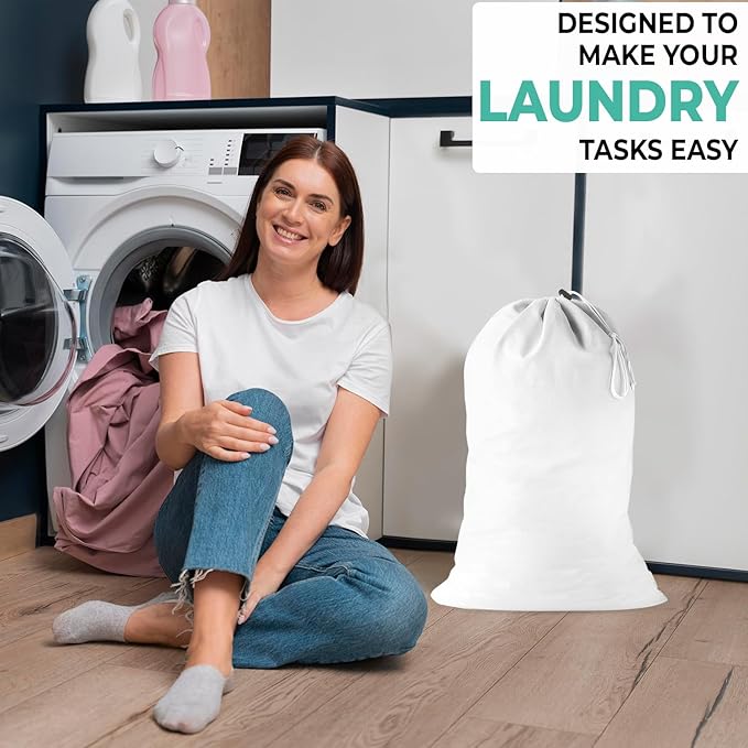 2 Pack - Cotton Laundry Bag, Heavy Duty Large Laundry Bags 24 x 36 inch Drawstring Travel Organizer Bag Fit Hamper Basket Camp (WHITE, Pack of 2)