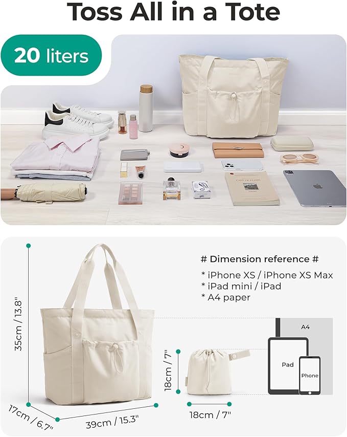 BAGSMART Foldable Tote Bag with Drawstring Bag, Large Tote Bag Shoulder Bag Top Handle Handbag for Travel, Work, Beach, Gym