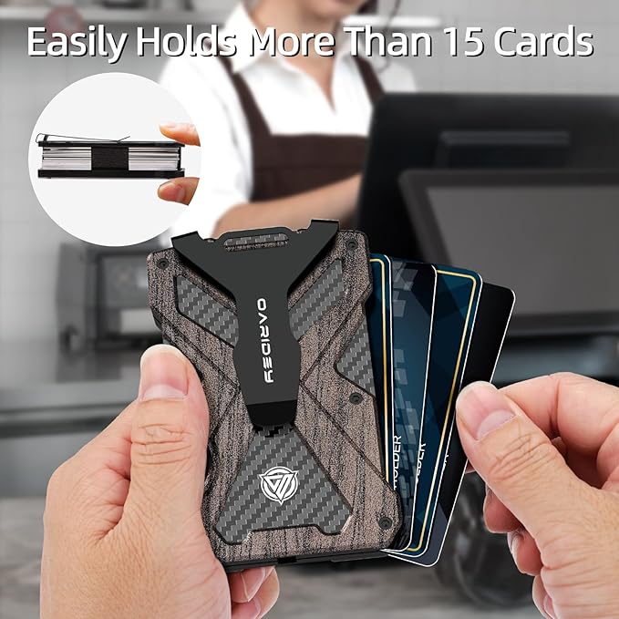 Minimalist Wallet for Men- Slim Aluminum Metal Money Clip Wallet with Clear ID Card Holder, Carbon Fiber Wallet, RFID Blocking,Holds up 15 Cards with Cash Clip,Ultra-Thin Tactical Wallet - Walnut Wood