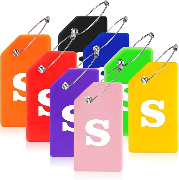 Gostwo 8 Pack Luggage Tags for Suitcases, 26 Initial Letter Travel Luggage Baggage Identification Labels ID Tags Fully Bendable Tags with Stainless Steel Loop (Letter S, Colorful)