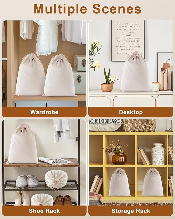 FantasyLife Shoe Bags for Travel, 17.3"x12.6" Washable Dust Bags for Storage & Packing, Flannel Shoe Pouch with Drawstring Closure for Purses, Handbags, Shoes & Toys (4, Beige)